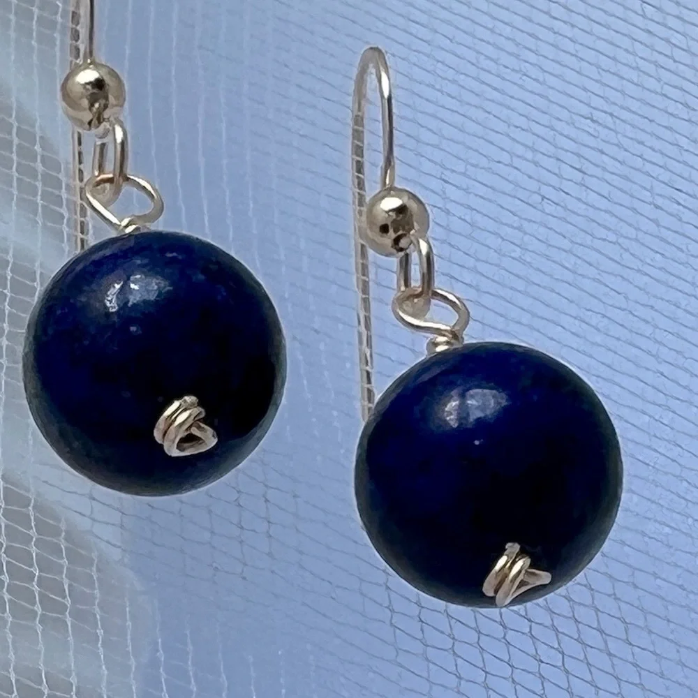 Artisan Blue Lapis Gold Wire Wrap Drop Earrings